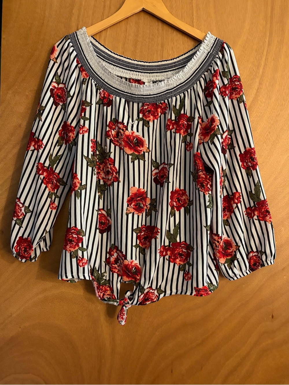 No Boundaries Black-and-White Striped Blouse with Red Floral Print